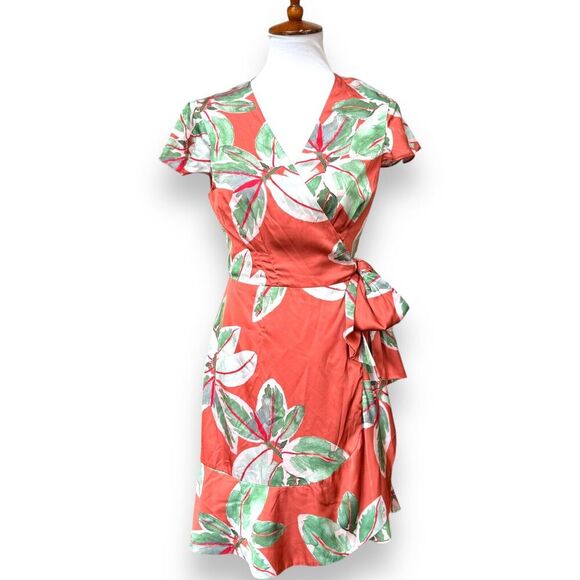Hutch Womens Britton Wrap Mini Dress Orange Floral Tie Stretch Lined Tropical M - Picture 2 of 10